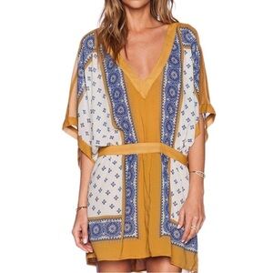 Free People Santa Cruz Gold and Blue Boho Kimono Dress Size S